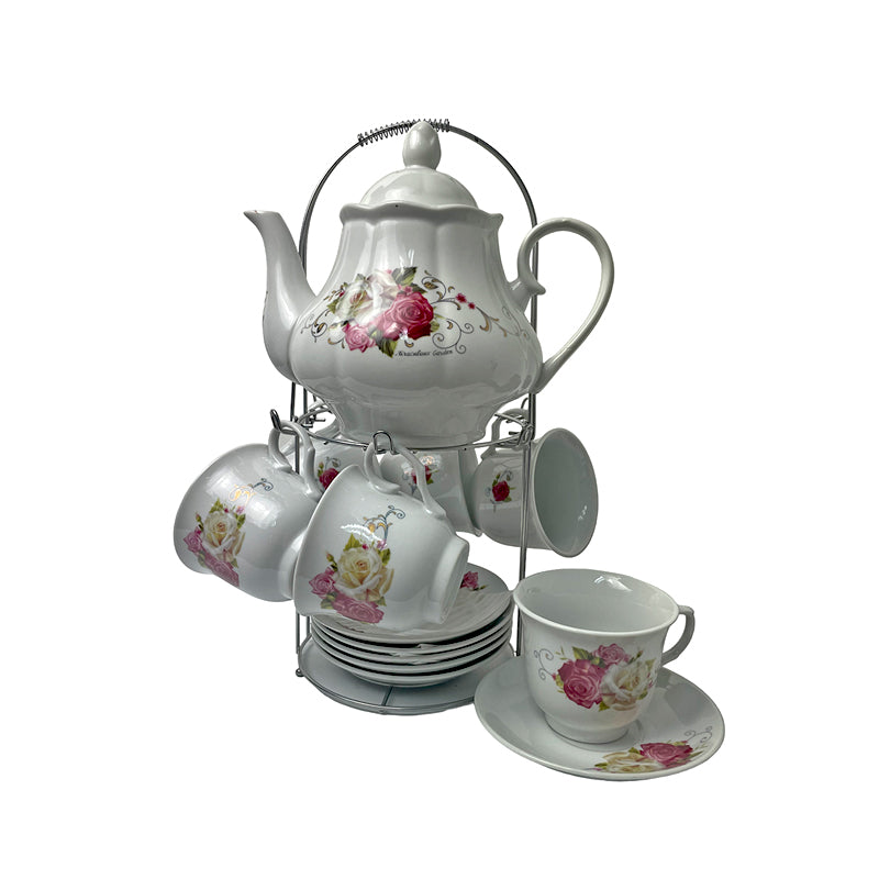 13PCS Tea Set w/Rack-Roses